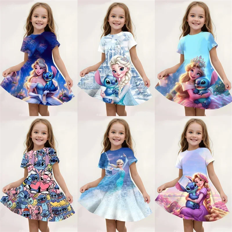 

Potdemiel Summer Stitch Princess Dress Girl Short Sleeve Costume Party Dresses Children Clothes Skirt Mermaid Anna Elsa Dress