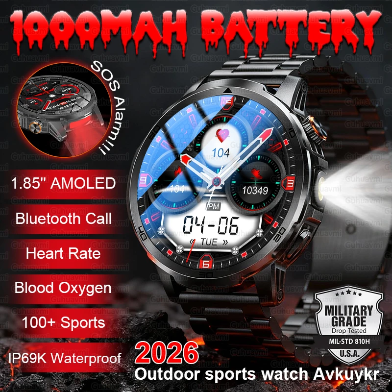 

1.85-inch HD Sapphire Glass Smart Watch 1000mAh Ultra Large Battery IP69K/5ATM Waterproof Heart Rate Sports Smartwatches For Men