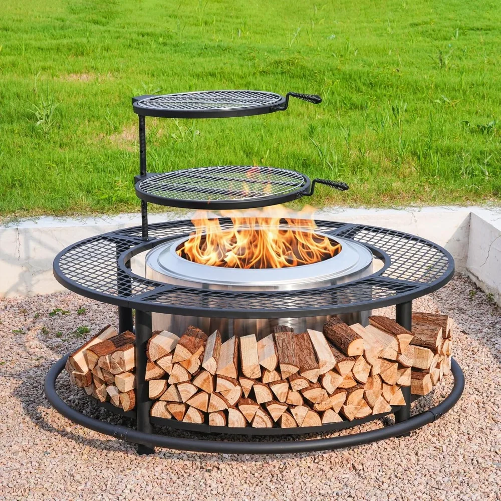 

50 Inch Fire Pit Surround Tabletop for Smokeless Fire Pit, Outdoor Surround Table with 2 Grill Grates and Firewood Storage Shelf