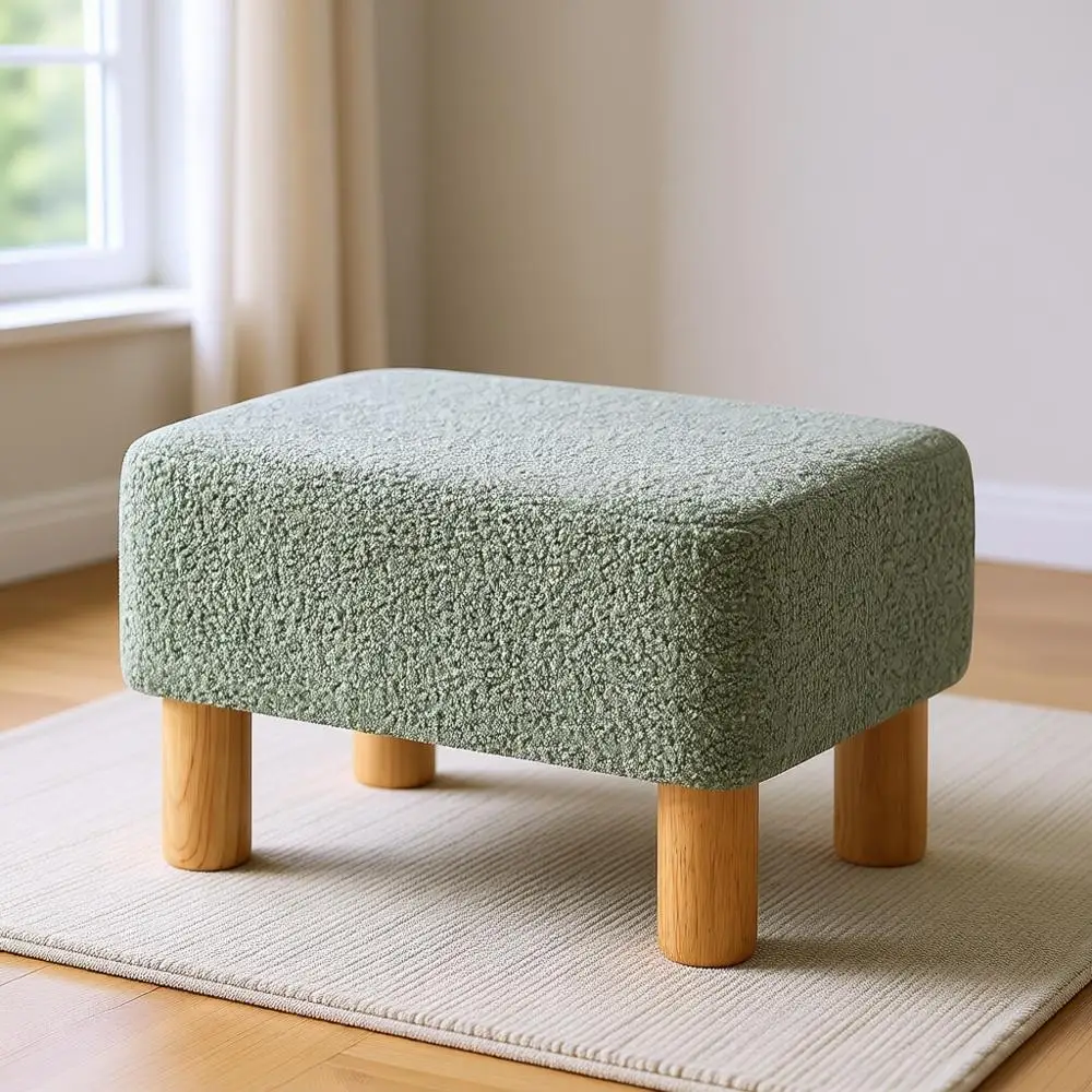 

Зеленый пуф с мягким сиденьем, деревянными ножками и местом для хранения для домашнего офиса