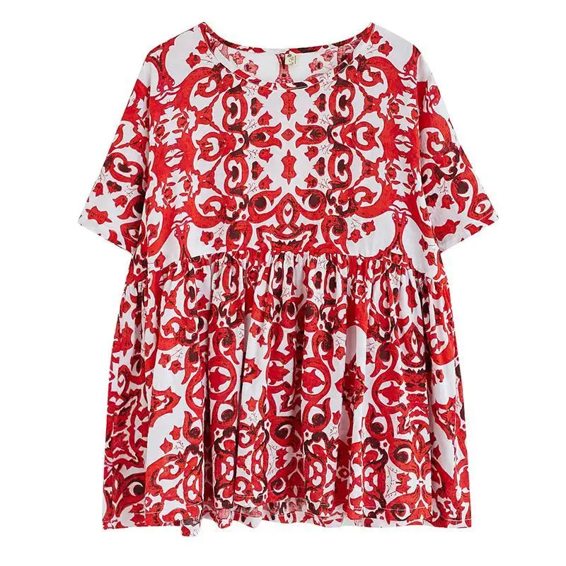 Vintage Paisley Print Ruffles Spliced Blouse Woman 2023 Summer Fashion Casual O-Neck Short Sleeve Loose Oversized Pullover Shirt