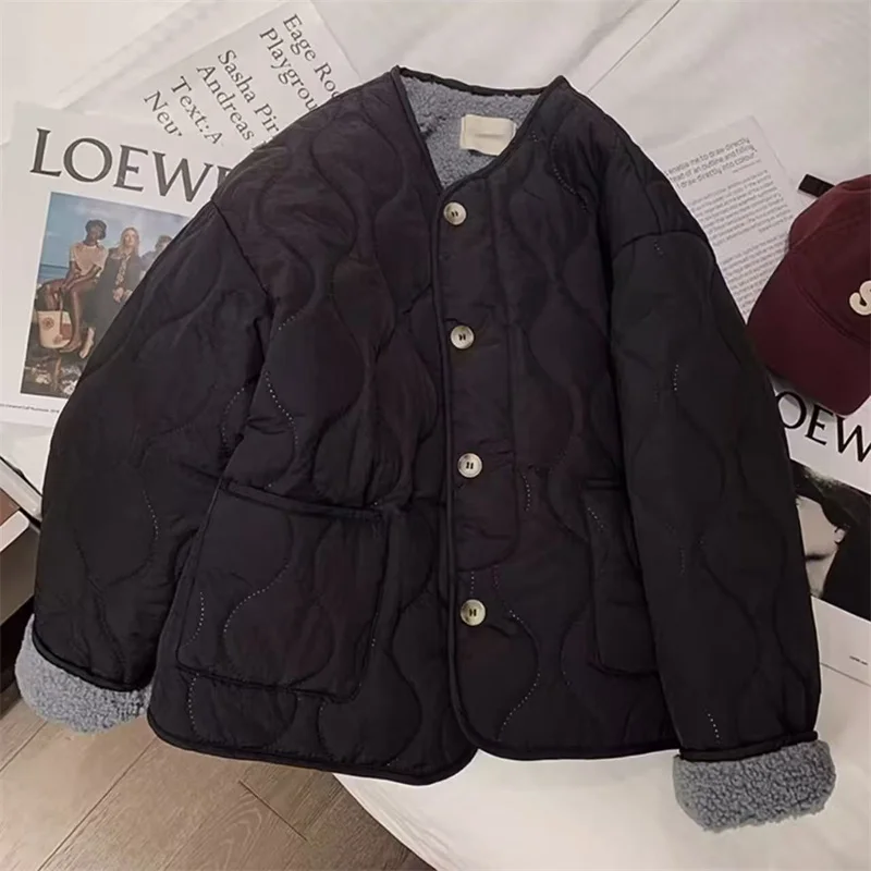 A Pink Lambswool Cotton-padded Jacket For Women In The Winter Of 2024 New Korean Version Of Thick Round Neck Lambswool Coat Top