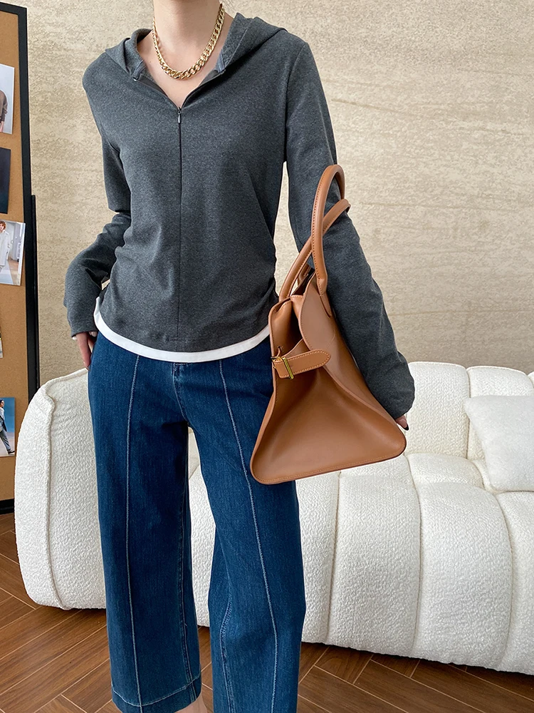 [EAM] Women Wine Red Gray Color-block Pleated Zipper Slim T-shirt New Hooded Long Sleeve Fashion Tide Spring Autumn 2024 1DH7888