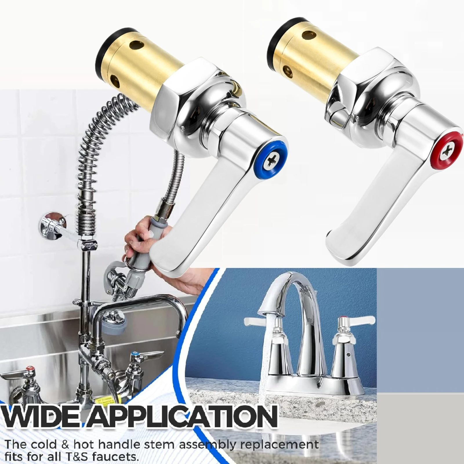 2pcs Brass Faucets Handle Stem Assembly Blue Cold & Red Hot Side Spindle Assembly Valve Replacement #002714-40 002713-40 for T&S