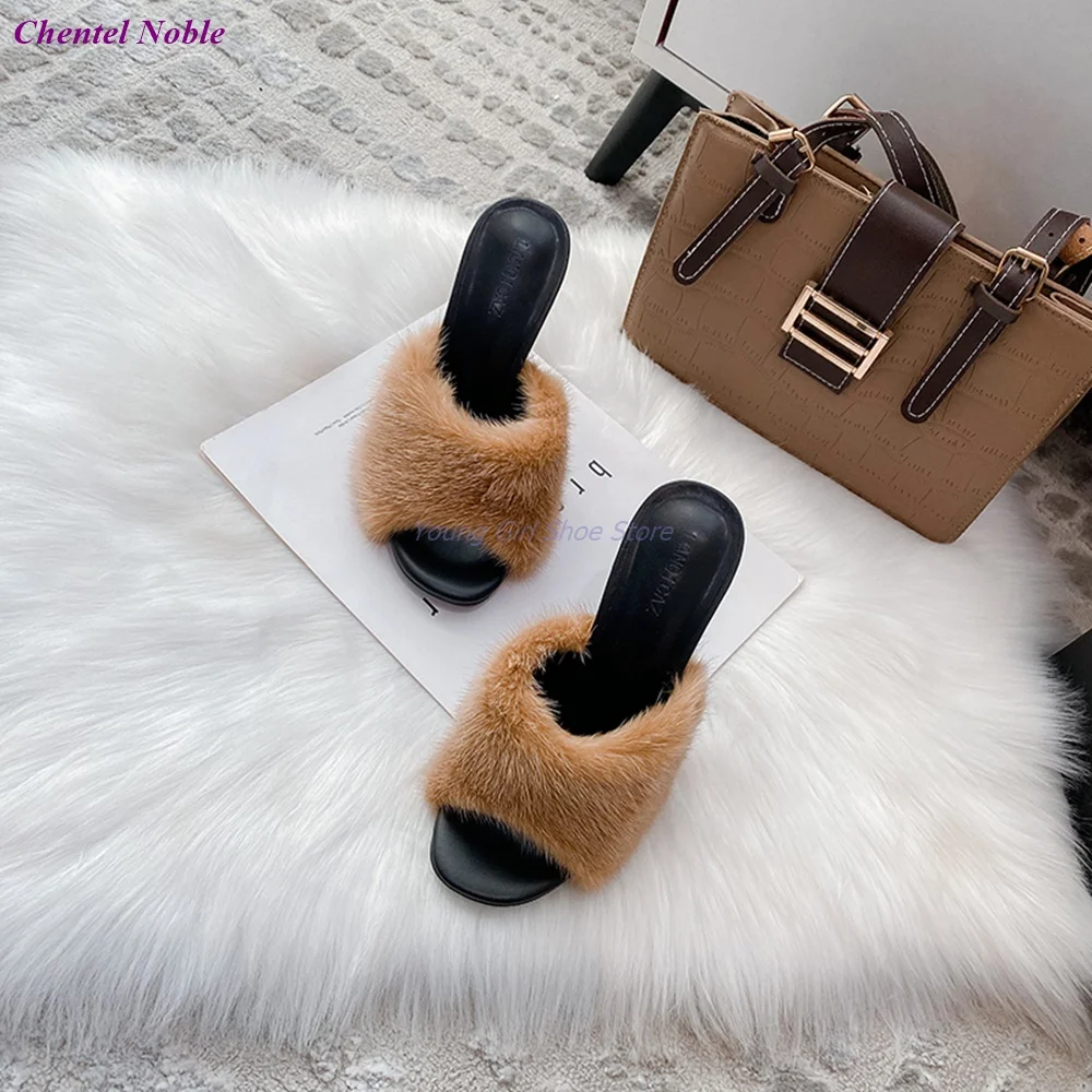 

Mink Hair Round Open Toe Sandal Thin High Heel Blue Black White 2023 Summer Hot Sale Fashion Sexy Shoes Daily Party Stilettos