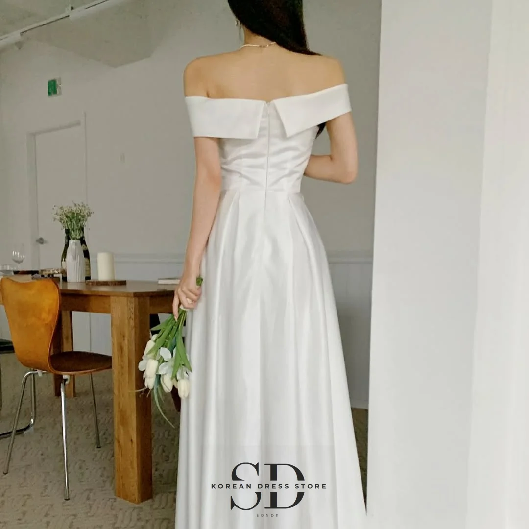 Sondr Boat Neck Korean Evening Party Dresses Customized Satin Simple Wedding Snap Dress Elegant Prom Dress Bridal Reception Gown