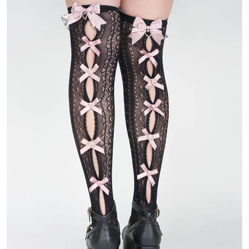 2026 New Japanese Handmade Hollow Bow Lace Lolita Socks, Sweet Cute 2-Way Wear Mid Calf & Over Knee Hosiery for Girls Cosplay