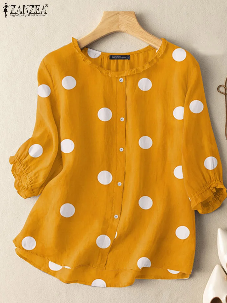 Women Vintage 3/4 Sleeve Polka Dot Printed Blouse ZANZEA 2023 Autumn Shirt Casual Ruffles Party Holiday Blusas Female Tunic Tops