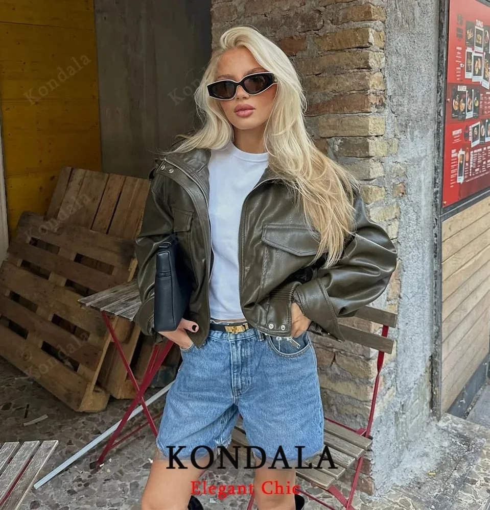 

KONDALA High Street женская куртка-бомбер из искусственной кожи, короткая куртка на молнии, осень 2021, модная винтажная женская куртка с воротником-стойкой