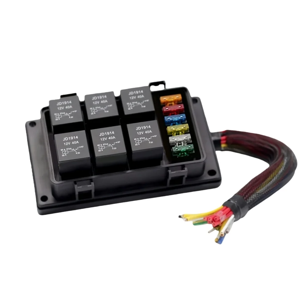 6 Port Moisture Resistant Fuse Relay Block with 6 Relays for 12V 40A Automotive Circuit Management and Protection Needs