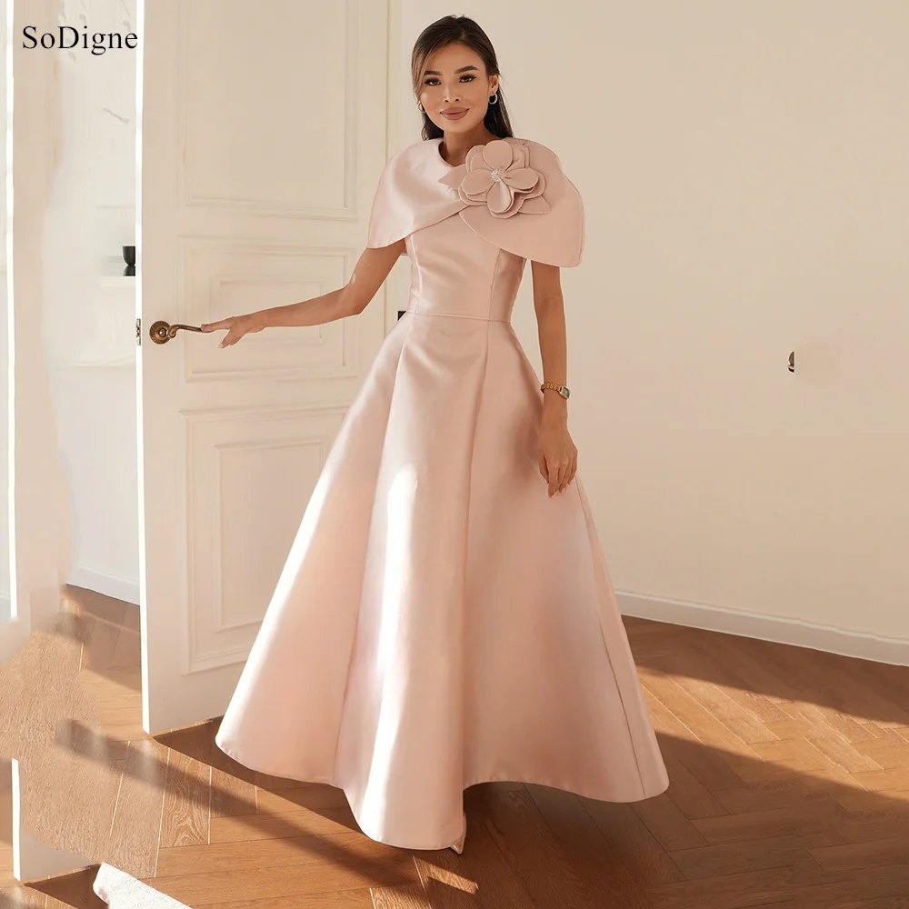 

SoDigne Elegant Pink A-line Satin Evening Dresses Flower Draped Strapless Party Dress Formal Occasion Prom Gowns Customized