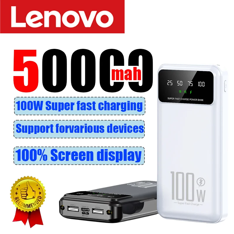 Lenovo 50000mAh Portable Power Bank 100W Fast Charger High Capacity External Battery Pack Mobile Power for iPhone Samsung New