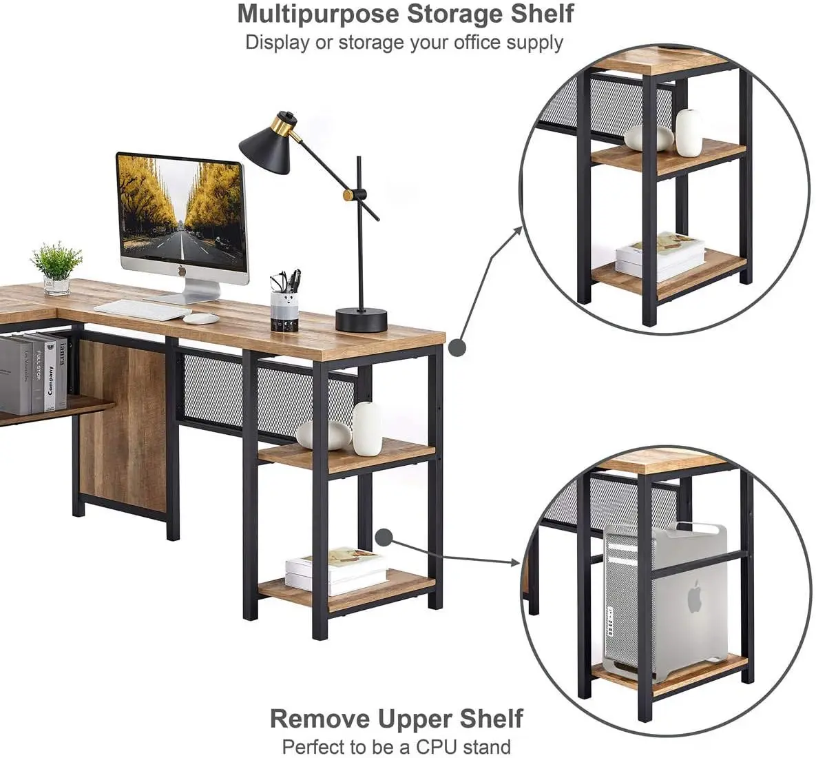 Geformter Computer tisch, industrieller Schreibtisch mit Regalen,