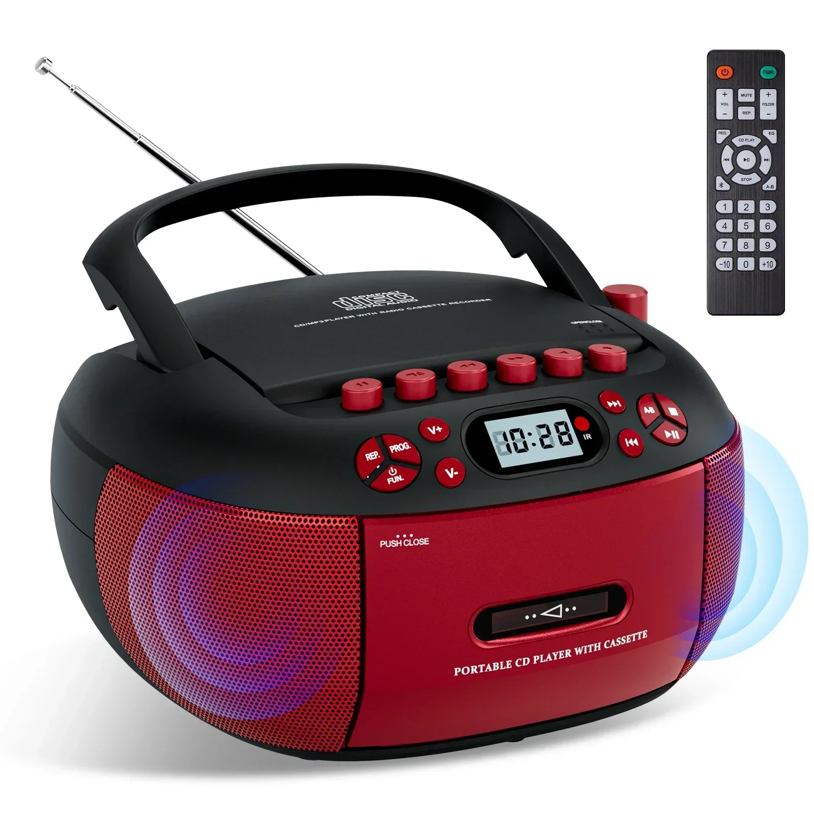 Reproductor de CD Boombox con mando a distancia, reproductor de casetes con altavoz estéreo dual. , Portátil, reproductor USB