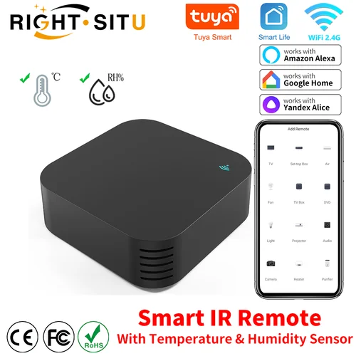 Control remoto inteligente IR con Sensor de temperatura y humedad para aire acondicionado, TV, DVD, CA, funciona con Alexa y Google Home, Tuya