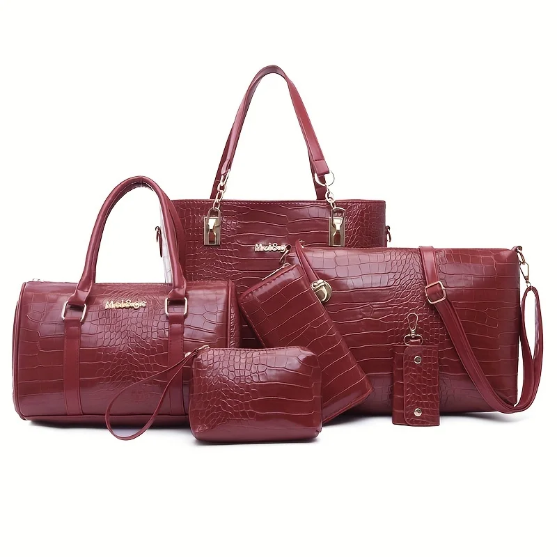 6pcs Vintage Women\'s Bag Stylish Lacquer Crocodile Print Leather Handbag set Daily Commute Tote Shoulder Bag For Women Purse