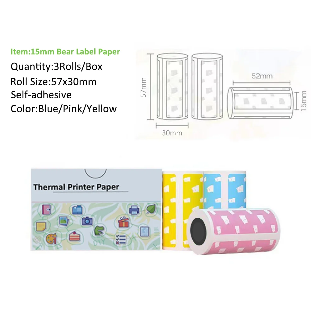 Mini Printer Paper Adhesive Bear Label 57mm BPA Free for Peripage A6 Cute Cat C9 Paperang P1 Phomemo T02 Junk Jingle