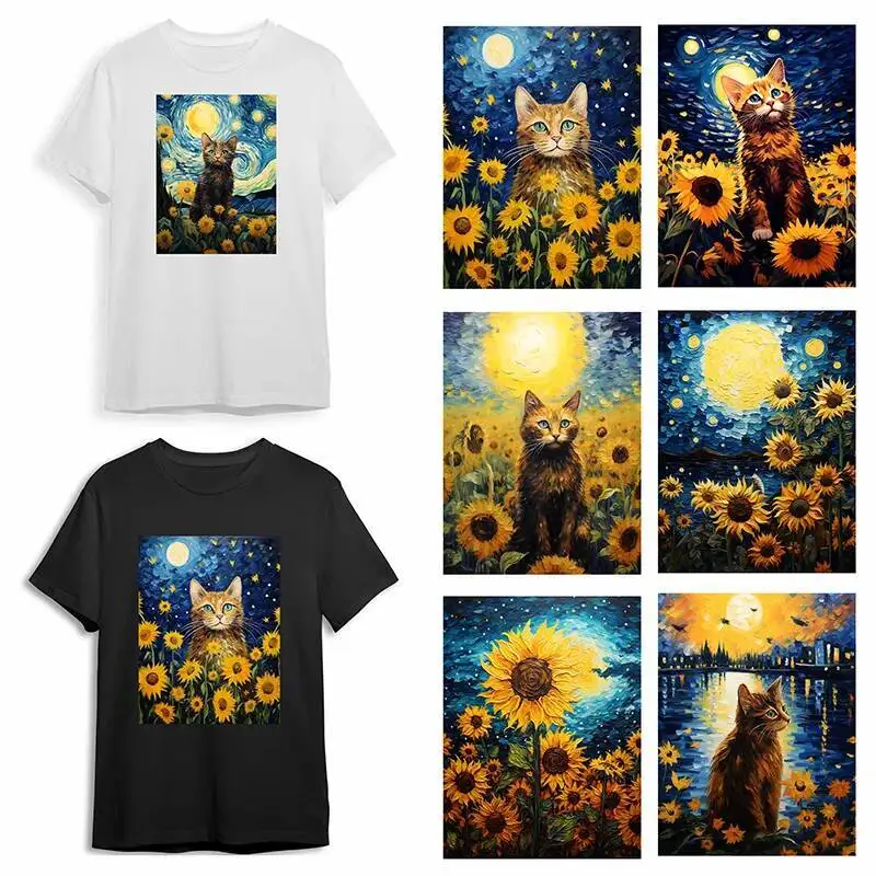 Sunflower Pattern Cat Pattern IPS Fashion Iron Patch Clothing T-shirt DIY Hoodie Jacket Sticker DTF Patch Is Waterproof