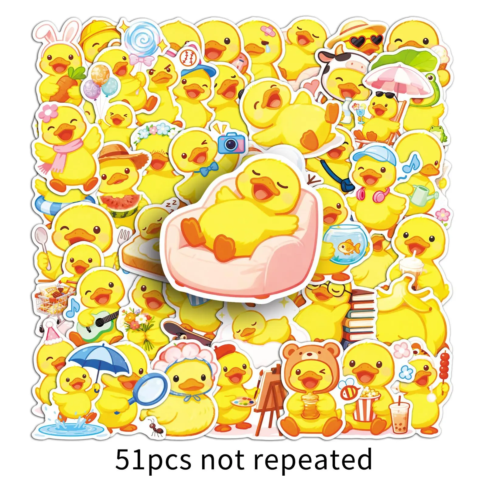 51Pcs Cute Yellow Duck Stickers, Cartoon Waterproof School Supplies Notebook Decals Phone Earphones Fridge Decor Sticker