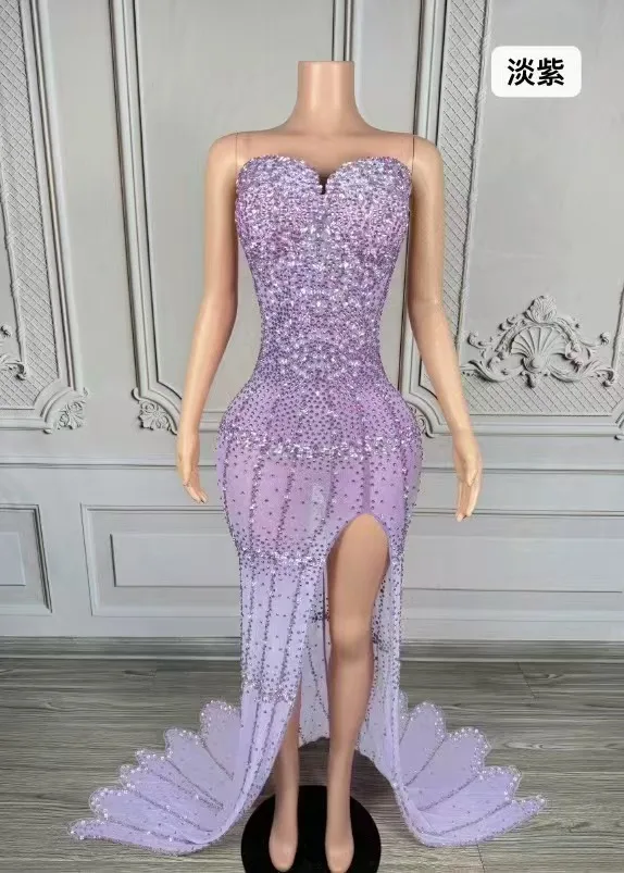 Robe de Soirée Luxueuse en Maille Transparente, Tenue de Bal Sexy, Fente Latérale, Sans Bretelles, avec Strass, pour Séance Photo