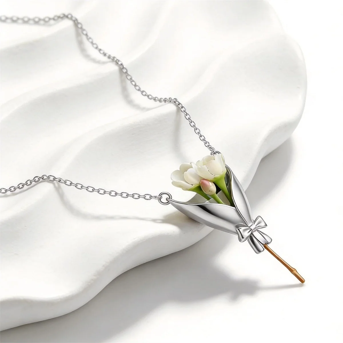 Kreatives Schleifenknoten-Blumenstrauß-Halter-Set in Form eines Anhängers, Halskette und Ohrringe für Damen und Herren, süßes, elegantes DIY-Blumenclip-Schmuckset. – Detail 18