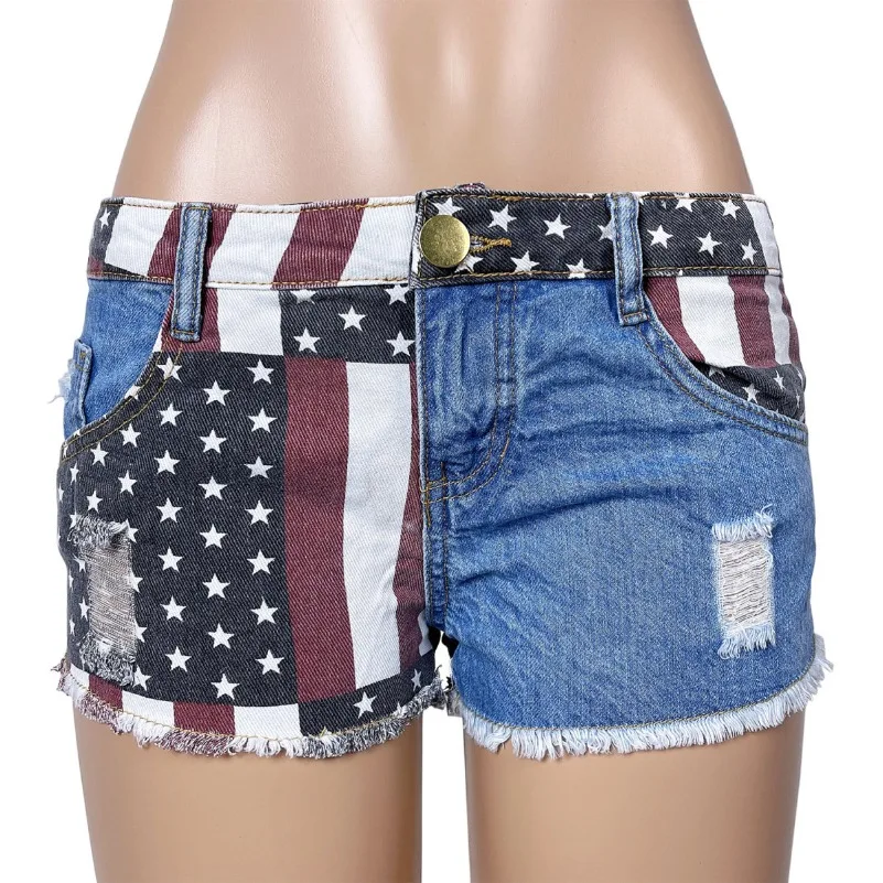 

Джинсовые шорты с низкой посадкой и принтом американского флага для женщин, сексуальные рваные шорты, летняя пляжная одежда, повседневные брюки в уличном стиле MOKIJINS