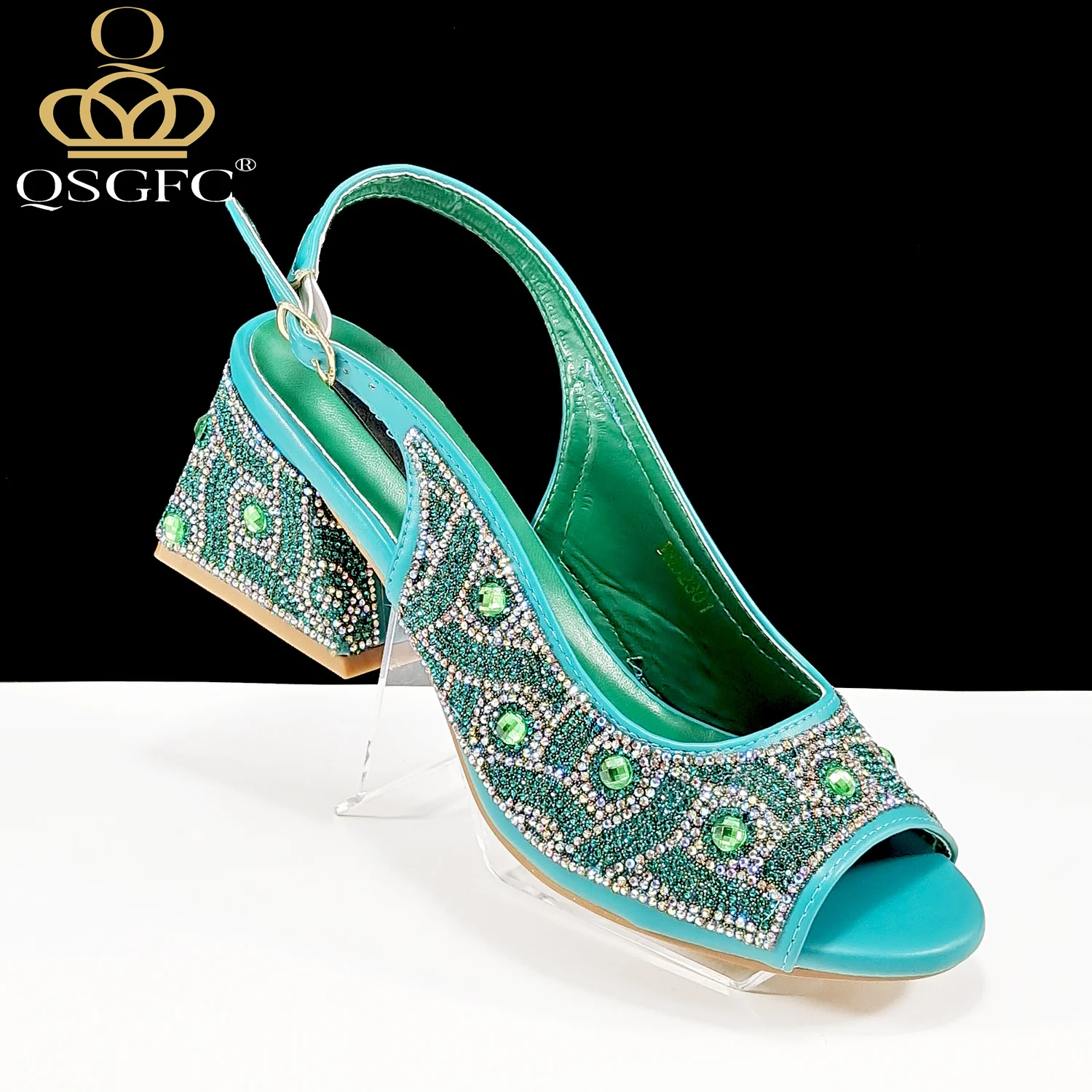 QSGFC 2024 Rhinestone Design INS Hot Sale New Arrivals African Only Shoes in Green Color Open Toe Comfortable Women Heels