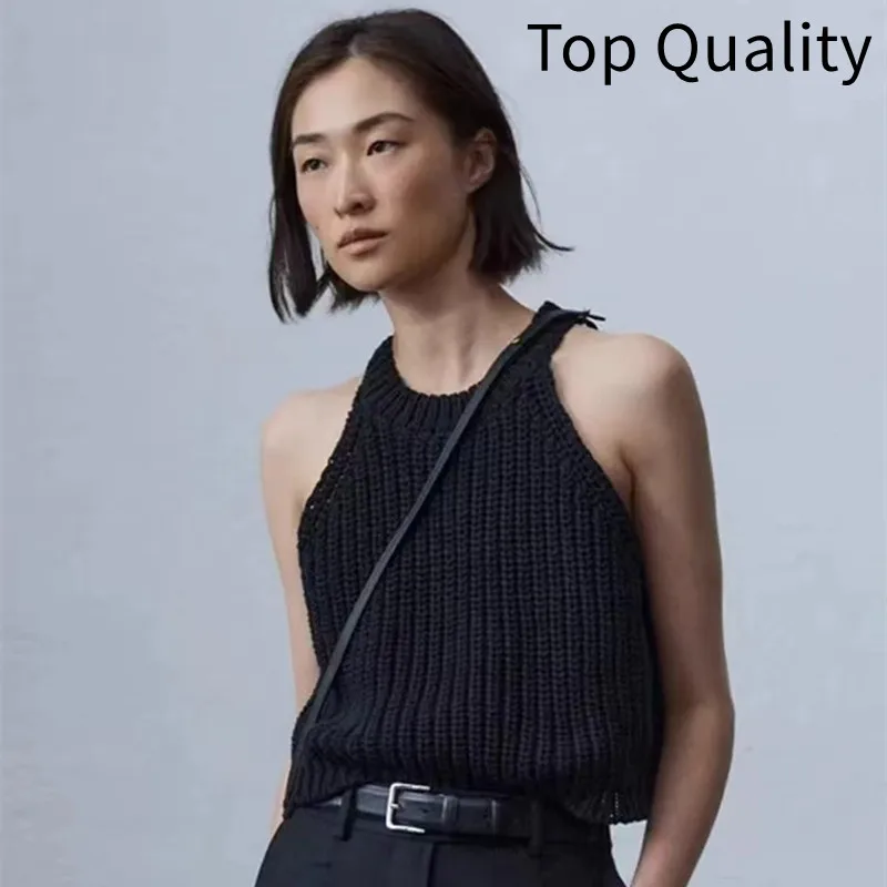 2024 women's knitted camisole vest women's niche design backless hanging neck T-shirt sweater outerwear women's clothing