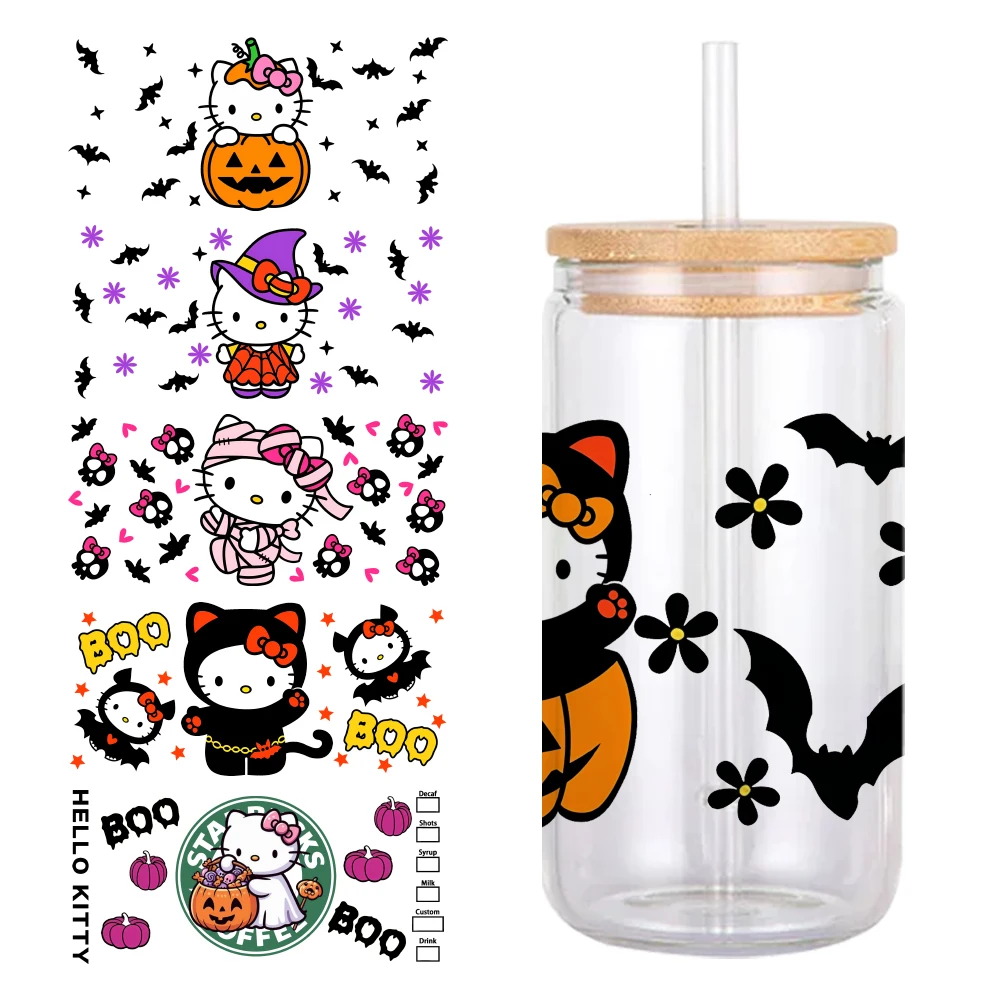 Halloween Ghost Sanrio Hello Kitty Skeletons Black Cat 11*24cm UV DTF Cup Sticker DIY For 16oz Glass Waterproof Decals Sticker