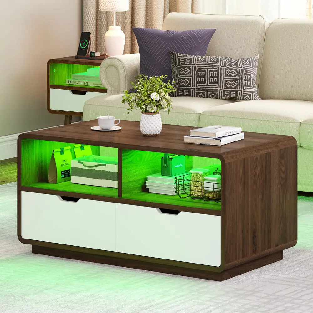 Mesa de café moderna com gavetas, luzes LED, sala e quarto
