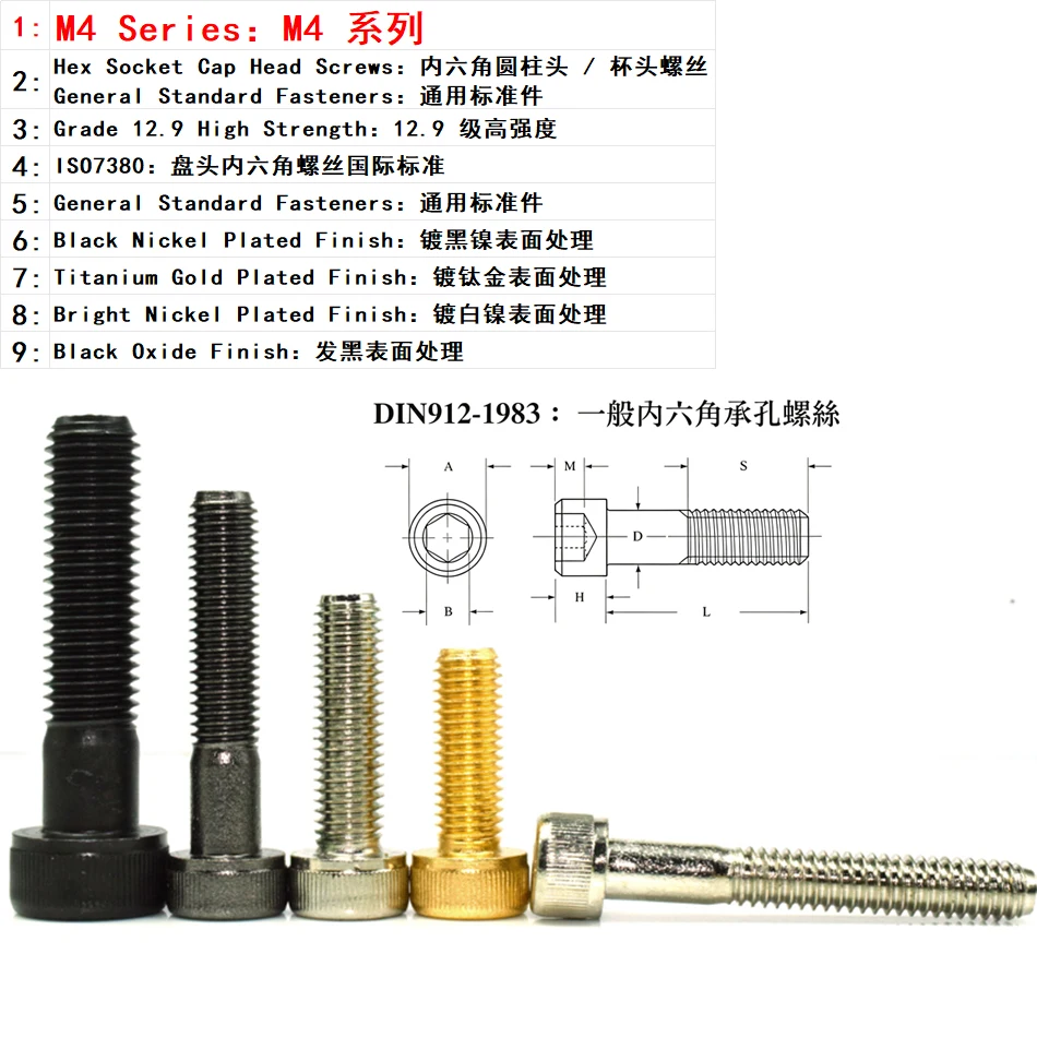 M4 Hex Socket Cap Head Screws Assortment Kit, Grade 12.9 SCM435 Alloy Steel, DIN912 Standard, for Model Parts & Industrial Faste