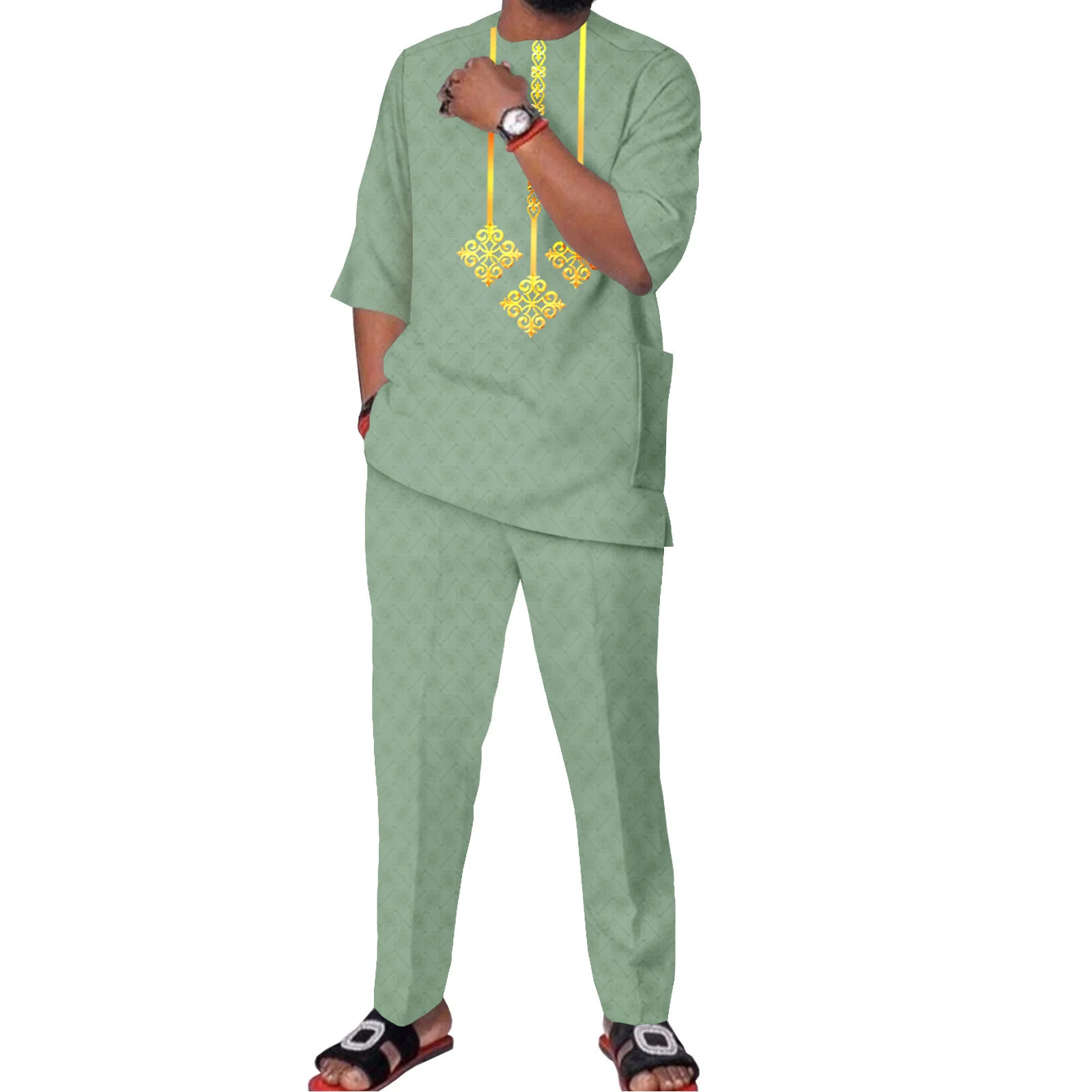 Traje de algodón para hombre, chaqueta y pantalones informales de Color sólido, ropa Africana étnica, pantalones cortos, chándal, primavera y verano, nuevo