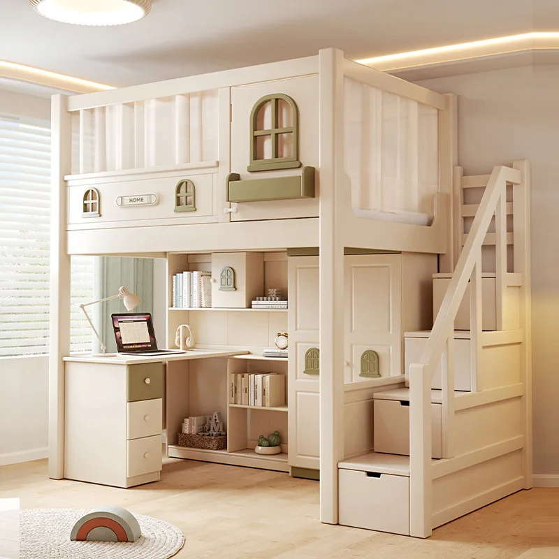 Elevated bed Children's upper and lower beds Same width Raised guardrail Tree house Upper and lower bunk wooden beds Bunk beds w