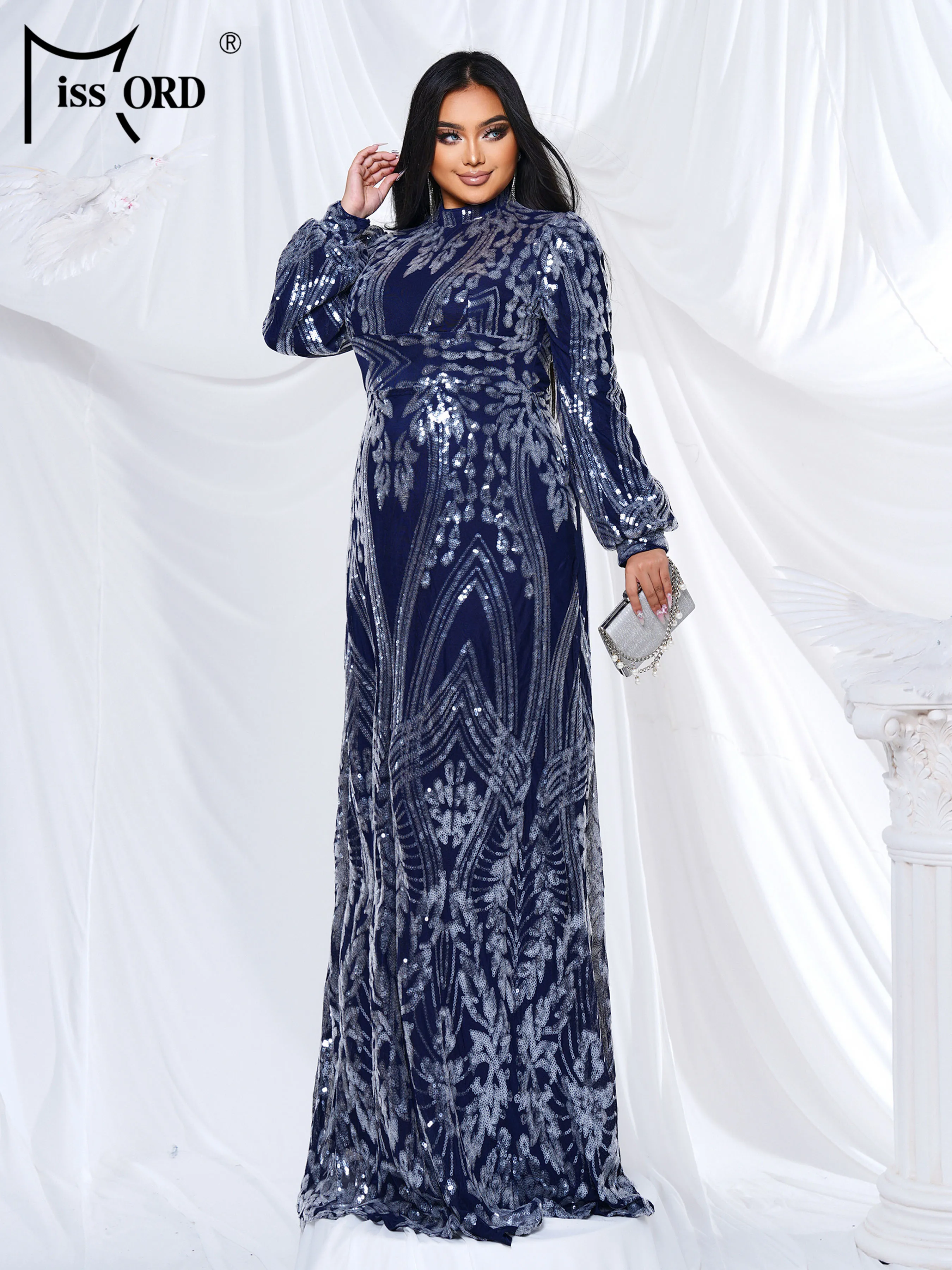 Missord Plus Size Church Dress  High Neck Long Sleeved Sequin Mermaid Evening Large Evening Wedding Birthday Party Dress