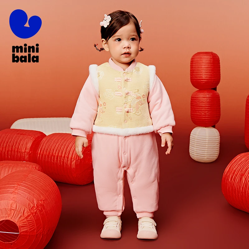 

Комбинезон Mini Bala с хлопковой подкладкой для новорожденных девочек, новогодний наряд для ползания в китайском стиле, зимний новогодний наряд