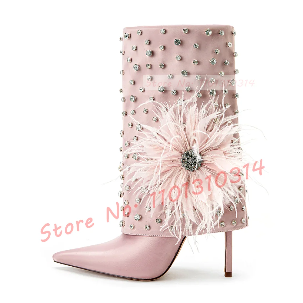 Feather Flower Gems Mid-calf Boots In Pink Women Luxury Studded Foldover High Heels Satin Shoes Ladies Pointy Bling Party Boots