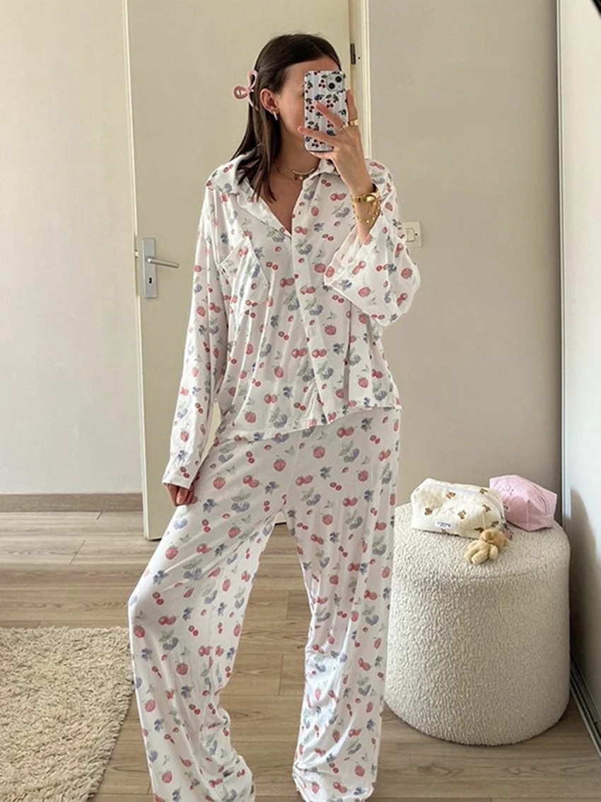 Marthaqiqi Printing Female Pajamas 2 Piece Set Long Sleeve Nightgowns Turn-Down Collar Sleepwear Pants Causal Home Clothes Women