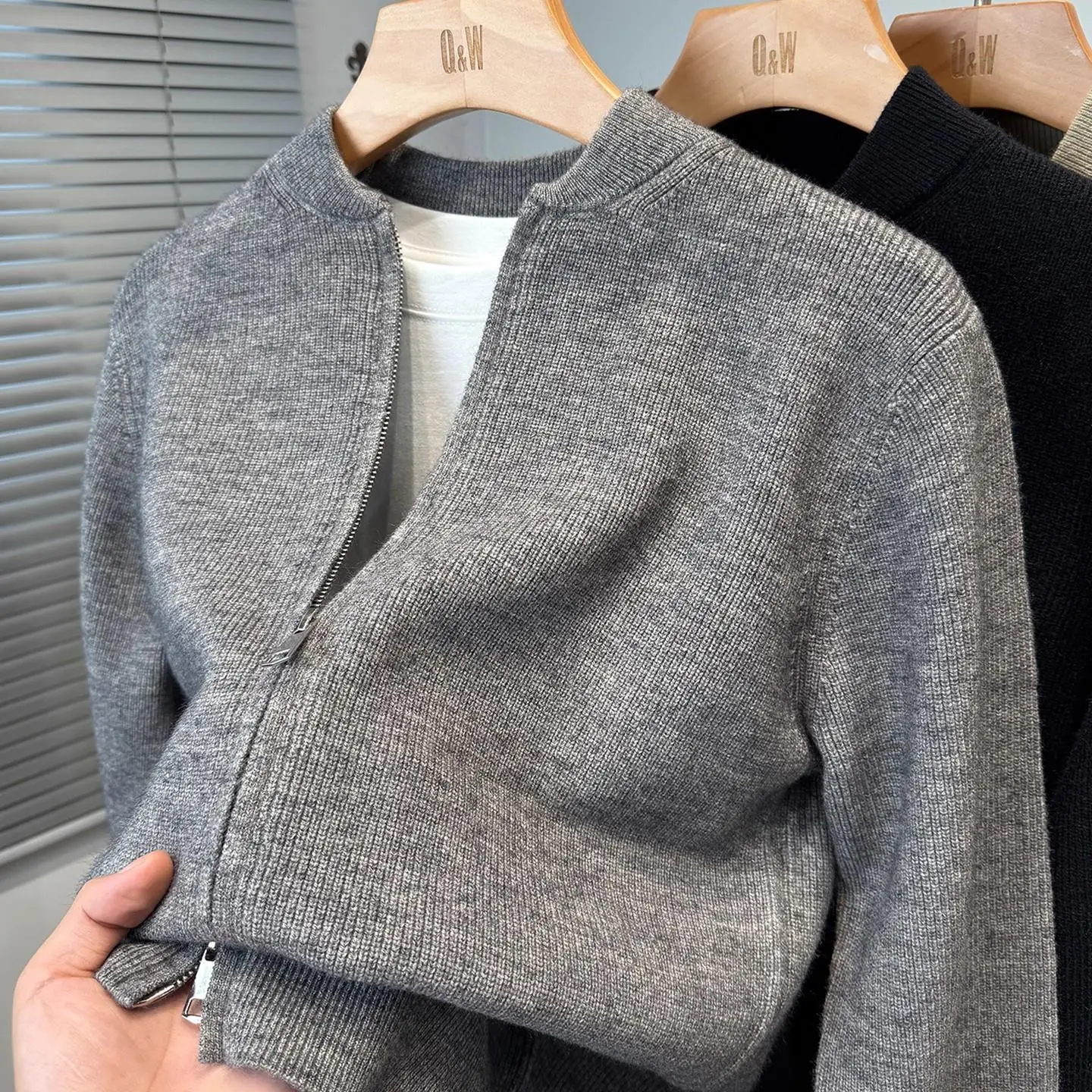 

Мужской утепленный вязаный свитер с бейсбольным воротником и двойной молнией, повседневный, однотонный, осенне-зимний, модный