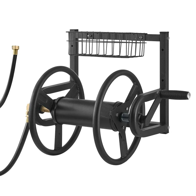 

Wall Mounted Garden Hose Reel 125ft 5/8 in Hose Holder Brass Fitting & Basket