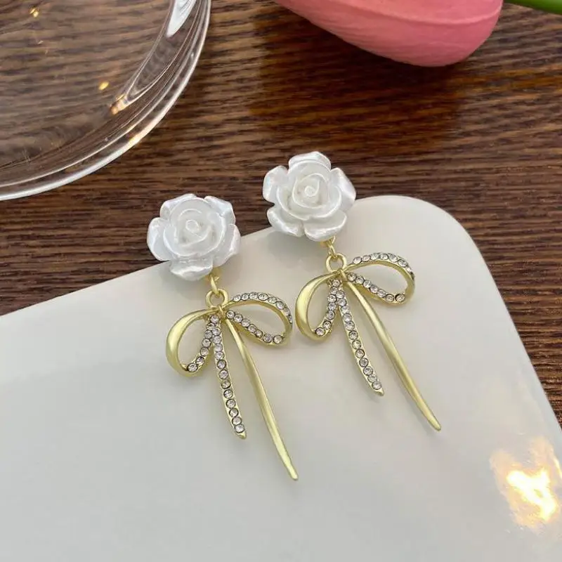 925 Silver Needle Korean Fashion Camellia Flower Earrings For Women Jewelry 2026 Trending New Women\'s Crystal Bow Drop Earrings