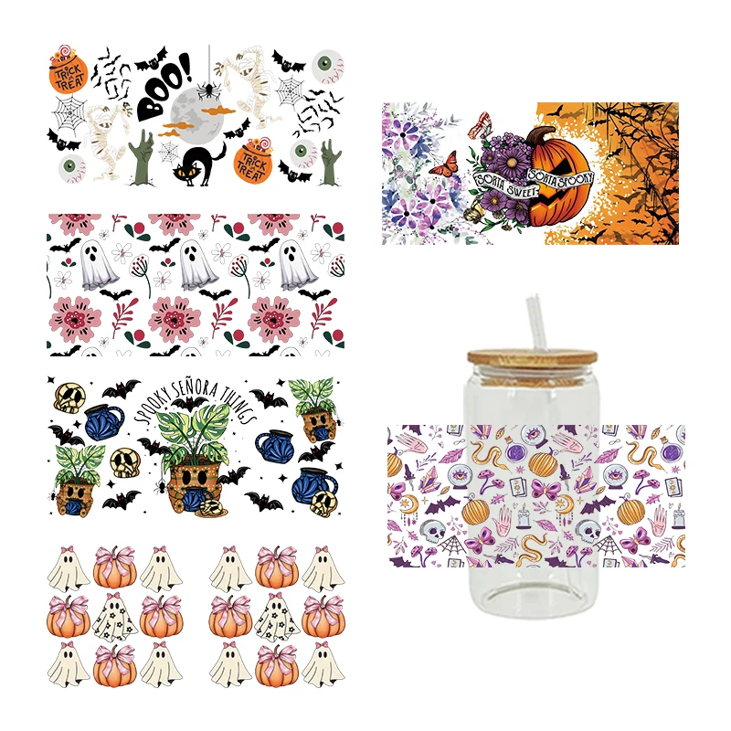 Термонаклейки для стеклянной чашки с узором на Хэллоуин, 16 унций, D22025