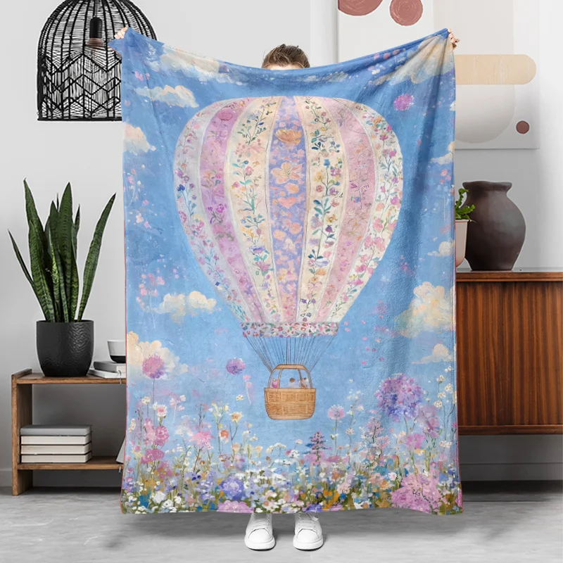 Floral Hot Air Balloon Flannel Throw Blanket, Sky Flower Meadow Print Soft Blanket for Kids Bedroom Sofa Cozy Home Decor Use