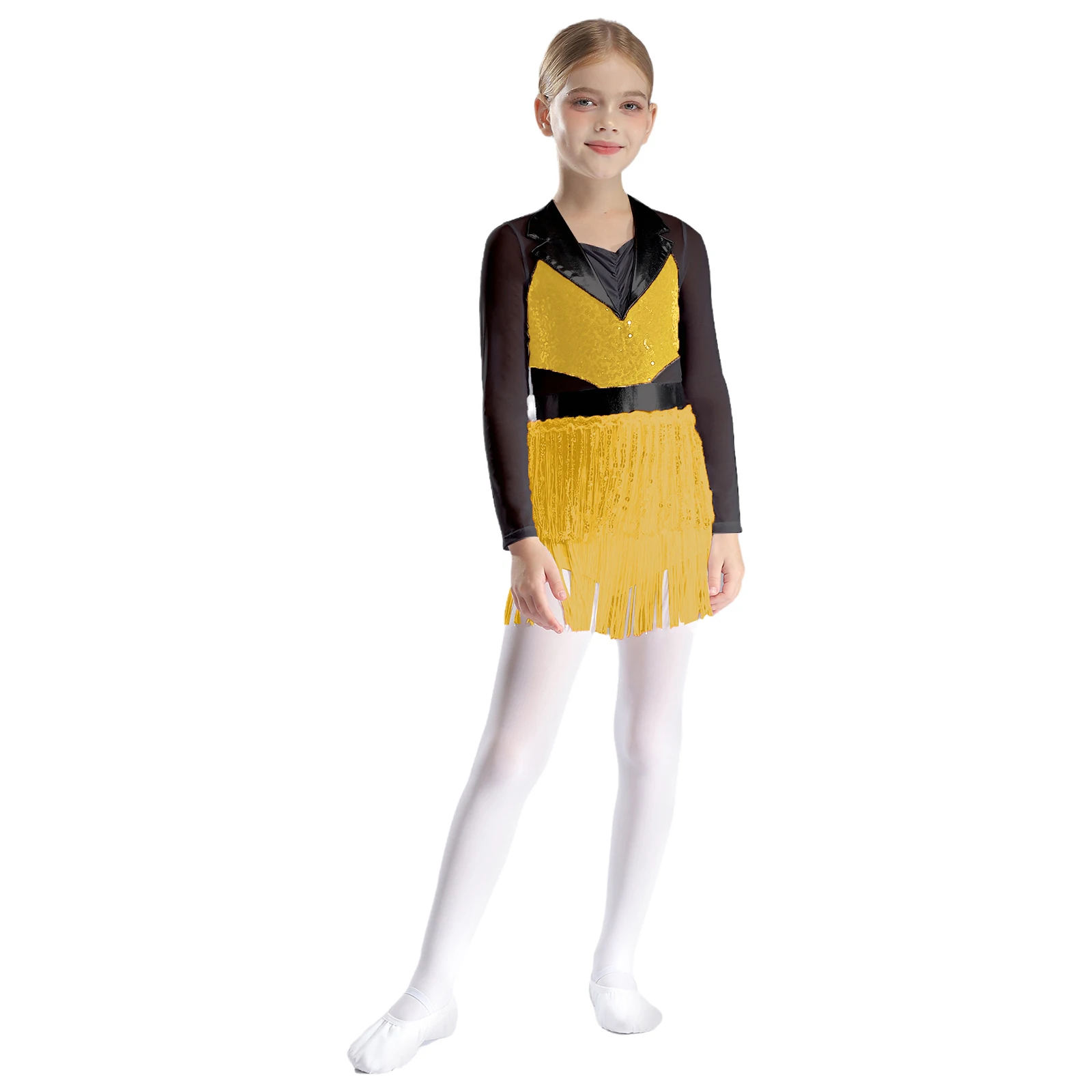 

Teen Girls Figure Skating Ballet Dress Gymnastics Bodysuit Latin Dance Cha-Cha Performance Costume Shiny Sequins Tassel Leotard