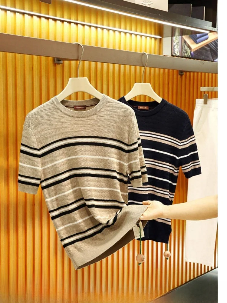 

Laoqian! Lyocell Cotton! Summer Loose Elegant Men's Knitted Short Sleeve Striped Top Breathable Casual round Neck Tee