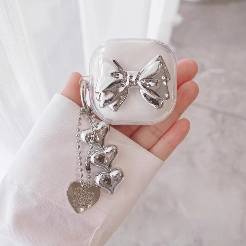 عقدة فضية شفافة لهاتف سامسونج جالاكسي Buds FE غطاء حماية لسماعات Galaxy Buds 2 Pro Live 2Pro مع قلادة