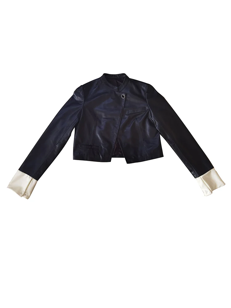 جديد أزياء المرأة الربيع قصيرة الطبيعية 100% معطف جلد الغنم الألوان بألواح كم زر واحد فضفاضة تناسب سترة جلدية حقيقية