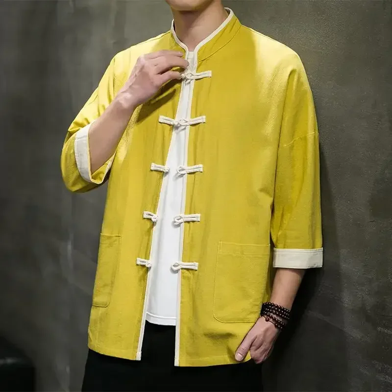 4 Color Spring Autumn Retro Cotton Linen Shirt Men Chinese Button Loose Three Quarter Sleeve Tang Suit Kung Fu Blouses Plus Size