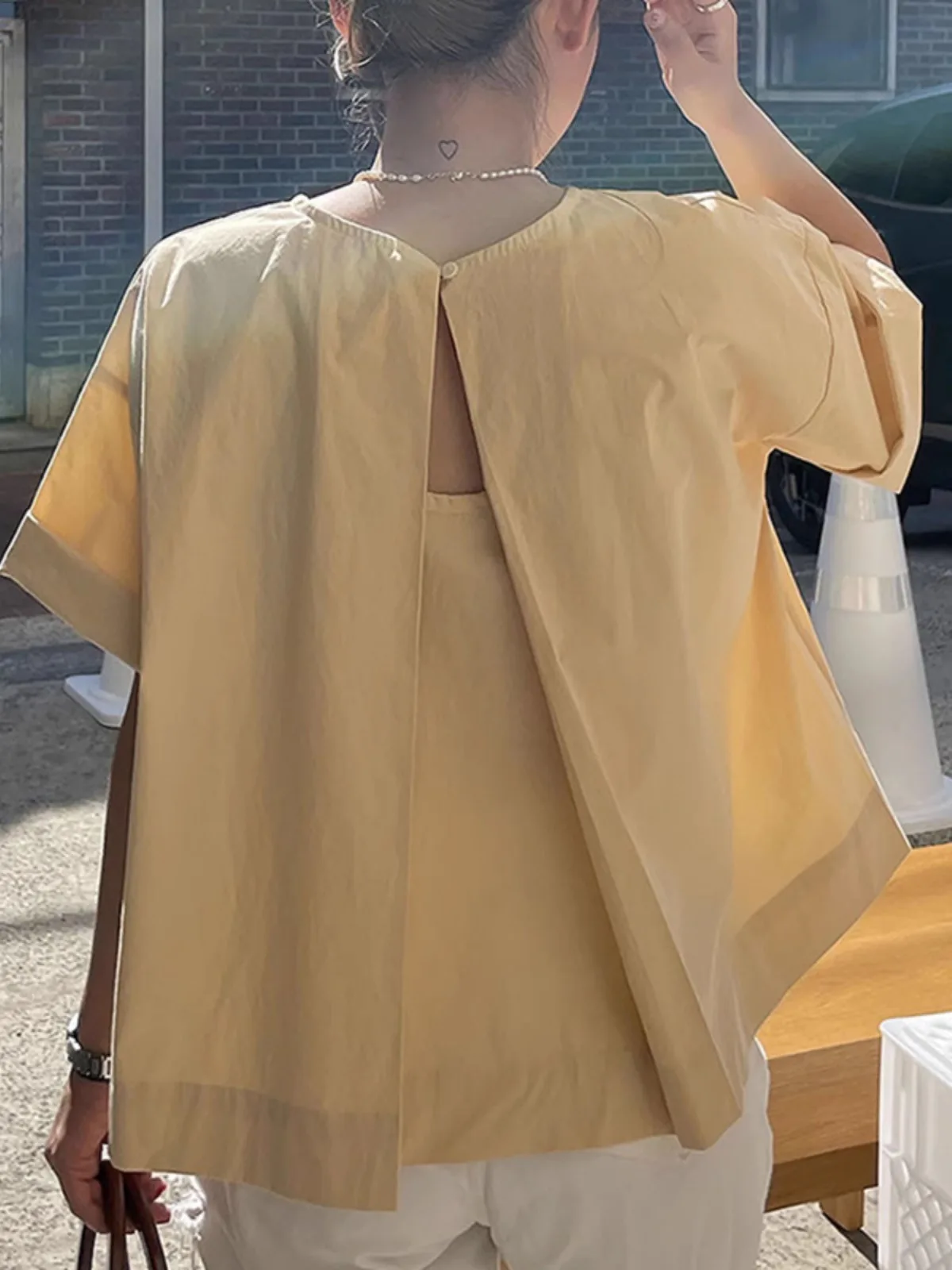 Loose Korean Sle Hollow out ort Sve round Ne Pink irt Women's Summer New Design Sense Button up Casual Cotton Top
