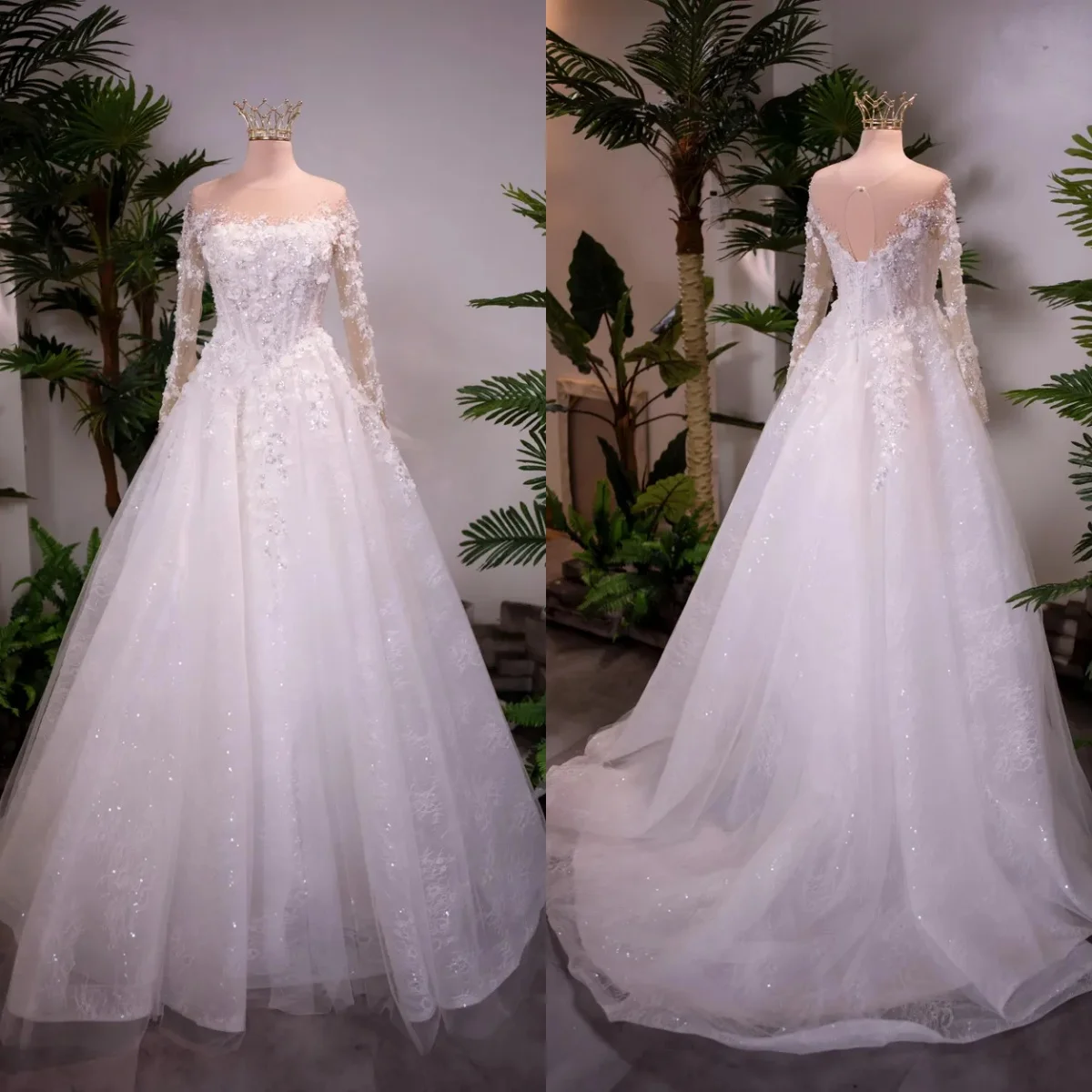 

Custom Luxury Sheer Neck Ball Gown Wedding Dress 2026 Elegant 3D Floral Bridal Gown with Long Sleeve Plus Size Vestido De Novia