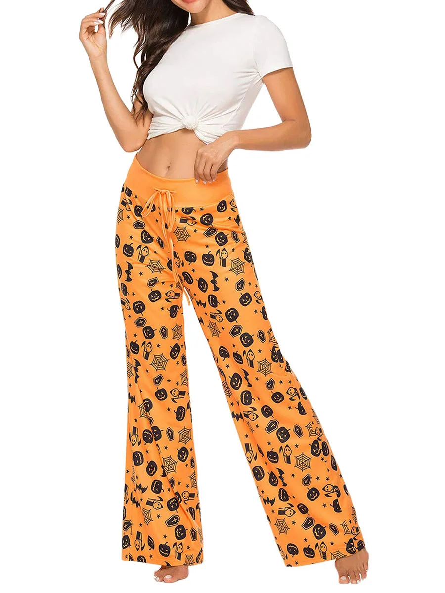 Womens Halloween Pajamas Pants Ladies Pumpkins Ghost Print Drawstring Pajama Bottoms